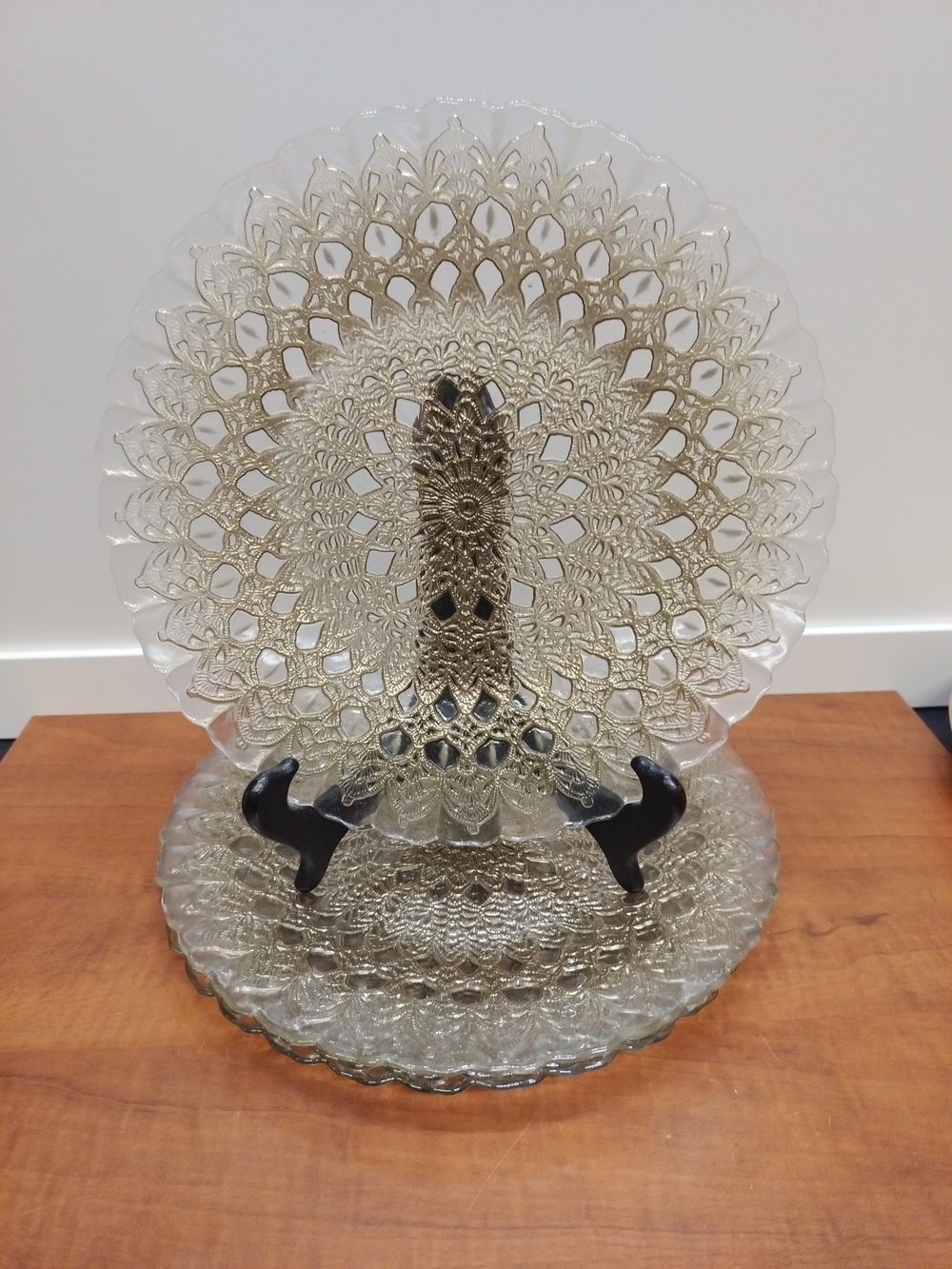 Vintage Clear Glass Gold Doily Lace Pattern 11” Dinner Plates Set Of 4